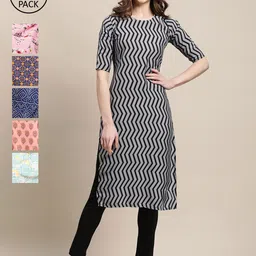 1 Stop Fashion Women Grey Blue Green Floral Printed Thread Work Block Print Crepe Kurta-image-87