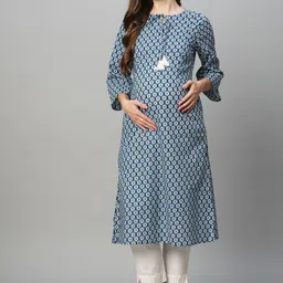MomToBe Ethnic Motifs Printed Keyhole Neck Thread Work Maternity Kurta-image-79