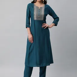 KAMI KUBI Geometric Yoke Design Notch Neck Zari A-Line Kurta-picture-4