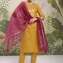 Vishudh Yellow Ethnic Motifs Yoke Design Straight Kurta With Trousers & Dupatta-picture-14