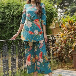 JISORA Floral Printed Notched Neck Pure Cotton Night Suit-image-32
