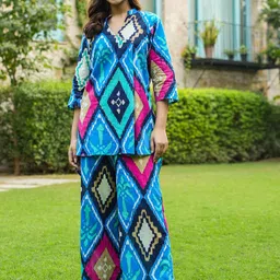JISORA Blue Geometric Printed Pure Cotton Kurti With Lounge Pant-image-17