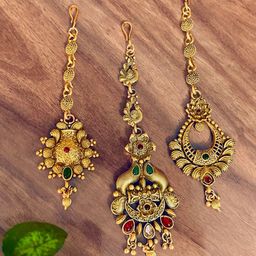 ATIBELLE Set Of 3 Gold-Plated Stone Studded & Beaded Maang Tikka-image-45