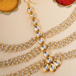 OOMPH Gold Toned Kundan Studded & Beaded Bridal Matha Patti Head Jewellery-25