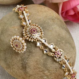 Sanjog Gold-Plated Kundan-Studded & Pearl Beaded Sheesh Phool Matha Patti-4