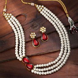 Peora White & Maroon Gold-Plated Beaded Layered Handcrafted Jewellery Set-36