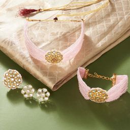 Zaveri Pearls Gold-Plated & Pink Stone-Studded & Beaded Jewellery Set-14