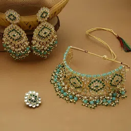Zaveri Pearls Gold- Plated Green & White Stone Studded & Beaded Jewellery Set-16