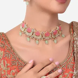 Zaveri Pearls Gold-Plated Pink & Green Kundan Studded Choker Jewellery Set-image-45