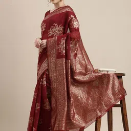 Anouk Floral Woven Design Pure Linen Designer Banarasi Saree-image-7