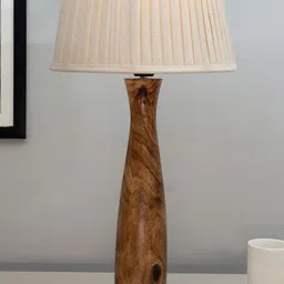 Homesake Antique Timber Brown & Off-White Textured Wooden Lamp With Empire Pleated Shade-23