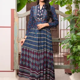 Chandbaali Geometric Printed Mandarin Collar Liva Fit & Flare Indigo Maxi Dress-picture-22