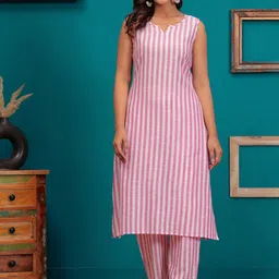 SARAI CREATIONS Striped Round Neck Sleeveless Regular Pure Cotton Kurta With Trouser-34