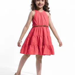 Hola Bonita Girls Self Design Halter Neck Tiered Fit & Flare Dress with Belt-13