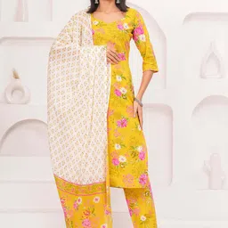 Nayo Floral Printed Sweetheart Neck Pure Cotton Straight Kurta With Palazzos & Dupatta-image-90