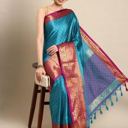 KALINI Blue Cotton Blend Woven Design Sarees-picture-7