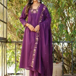 JAPNAAM Floral Embroidered Square Neck Anarkali Kurta With Trousers & Dupatta-12