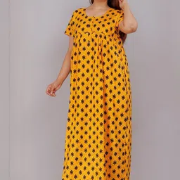 AAKARSHANA Yellow Pure Cotton Maxi Printed Nightdress-image-71
