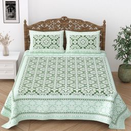 Desi Mantra Green & White Floral 120 TC Queen Bedsheet with 2 Pillow Covers-image-62