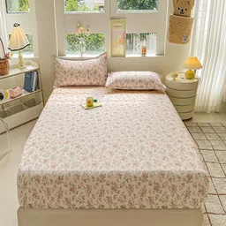 JC HOME Pink & Green Floral 220 TC Single Bedsheet with 1 Pillow Covers-36