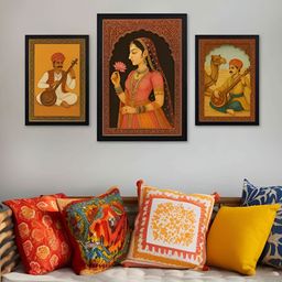 Giftii Black & Black 3 Pieces Folk Melody Rajasthani Musician Wooden Wall Arts-image-22