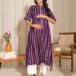 Janasya Geometric Printed Band Collar Pure Cotton Maternity A-Line Kurta-image-58