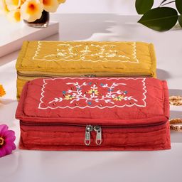 Aura Yellow and Red 2 Pieces Embroidered 7-Compartments Jewellery Organisers-12
