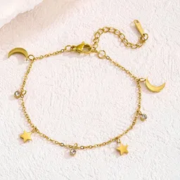 MYKI Stainless Steel Gold-Plated Artificial Stones Studded Charm Bracelet-1