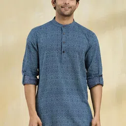 Fabindia Men Ethnic Motifs Printed Band Collar Hand Block Cotton Straight Kurta-picture-26