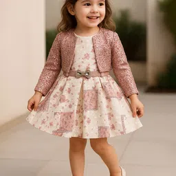 Lagorii Girls Pink Elegant Floral Printed Frock with Sequin Jacket-picture-1