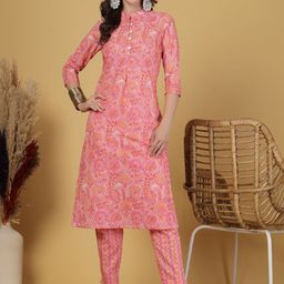 LARGISH Floral Printed Band Collar Straight Pure Cotton Kurta With Trousers-17