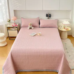 JC HOME Pink & Grey Quilted 162 TC Double Superking Bed Cover With Pillow Covers-image-44