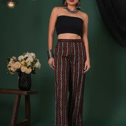 Globus Women Black Cotton Chevron Print Mid-Rise Ethnic Parallel Trousers-image-26