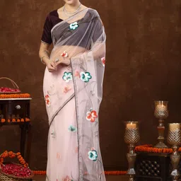 Stylum Floral Printed Embroidered Net Saree image 1