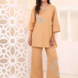 MISRI Embroidered V Neck Pure Cotton Top With Trousers-picture-36