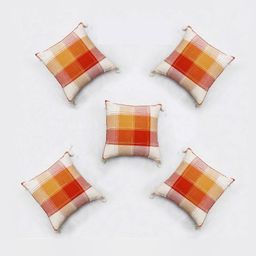 Blue Grass Orange & Yellow 5 Pieces Checked Printed Cotton Square Cushion Covers-image-61