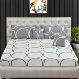 BLUEDOT Grey & White Floral Polycotton 5 Piece Double Queen Superfine Bedding Set-image-82