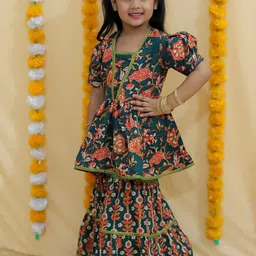 UNBIND Girls Floral Printed Regular Gotta Patti Pure Cotton Kurta with Sharara-picture-14