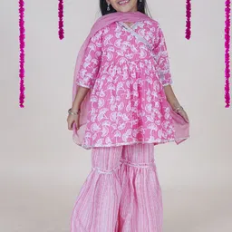 KiddoPanti Girls Floral Printed Pure Cotton Angrakha Anarkali Kurti With Sharara & Dupatta-picture-14