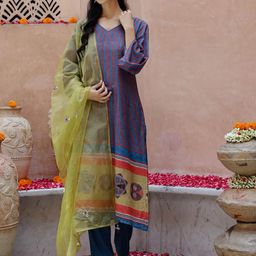 Sangria Blue Striped V-Neck Straight Kurta With Trousers & Dupatta-30