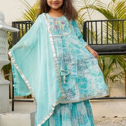 Stuffie Land Girls Floral Printed Pure Cotton A-Line Kurta With Sharara & Dupatta-image-80