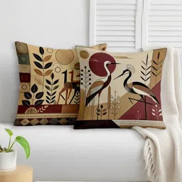 STITCHNEST Beige & Maroon 2 Pieces Floral Satin Square Cushion Covers-picture-21