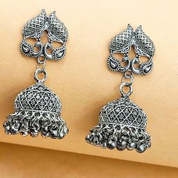 Saizen Silver Rhodium-Plated Ghungroo Beaded Oxidised Dome Shaped Jhumkas-image-24