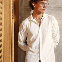 Campus Sutra Self Design Spread Collar Long Sleeves Cotton Comfort Shirt-image-97