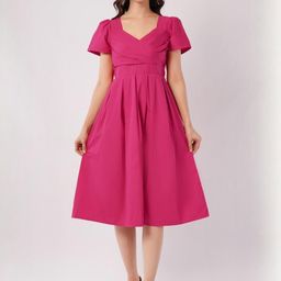 Deshi Girl Women Puff Sleeve Smocked Cotton Fit & Flare Midi Dress-image-74