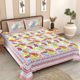 COLOURSBLOCK Pink & Green Floral 180 TC King Bedsheet with 2 Pillow Covers-image-10