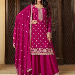 Seerat Women Ethnic Motifs Embroidered Regular Thread Work Silk Chiffon Kurta with Sharara & With Dupatta-image-48