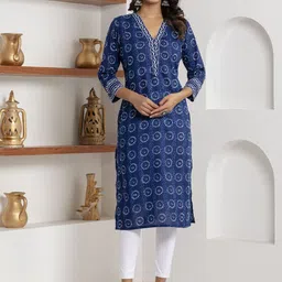 KANNAHI Women Floral Printed Pure Cotton Indigo Kurta-19