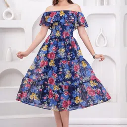 KALINI Off-Shoulder Flared Sleeve Georgette Fit & Flare Midi Dress-18
