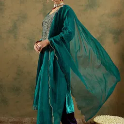 Indo Era Ethnic Motifs Embroidered Regular Velvet Straight Kurta with Trousers & Dupatta-23